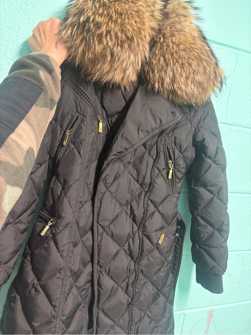 Moncler Black Quilted Coat with Faux Fur Trim